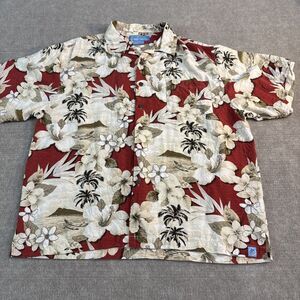 Bermuda Bay Hawaiian Shirt Men XL‎ Silk Plumeria Red Short Sleeve Button Up